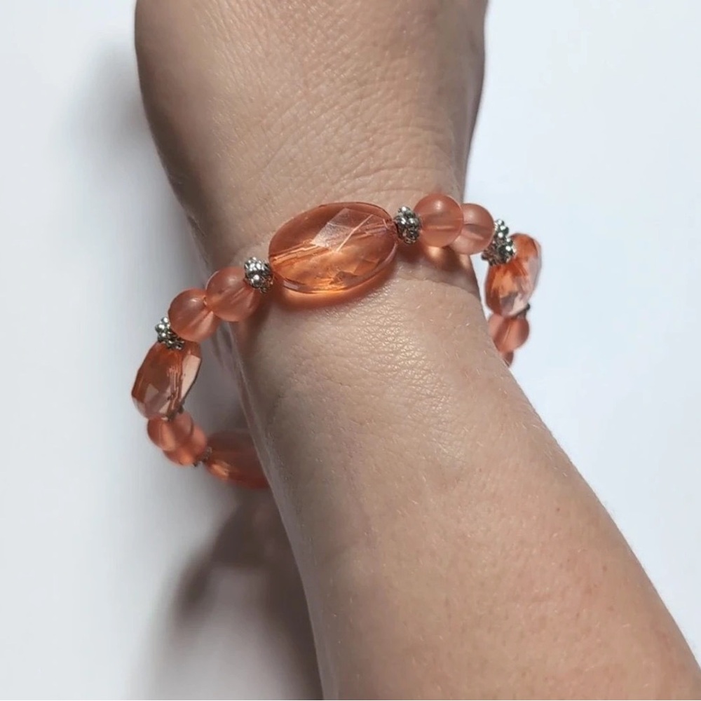 Peach Translucent Faceted and Silver Beaded Stretch Bracelet
